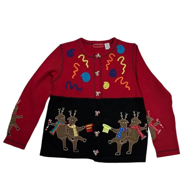 COPY - Vintage Onque Casuals Ugly Christmas Reindeer Cardigan Sweater Candy Cane - Picture 1 of 12